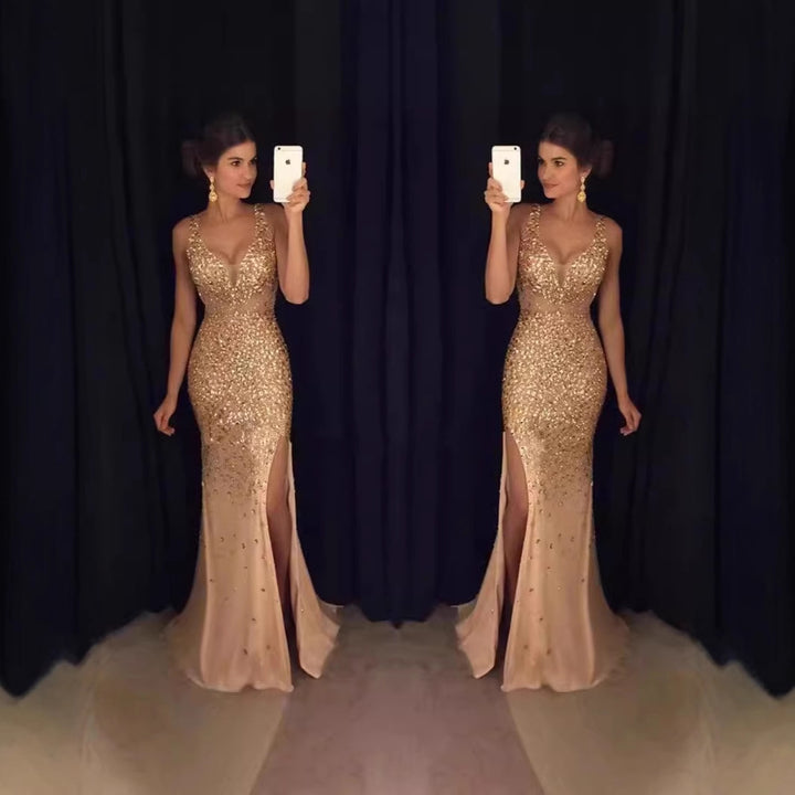 Damen Glitzerndes Abendkleid mit tiefem Schlitz und figurbetontem Schnitt Drune