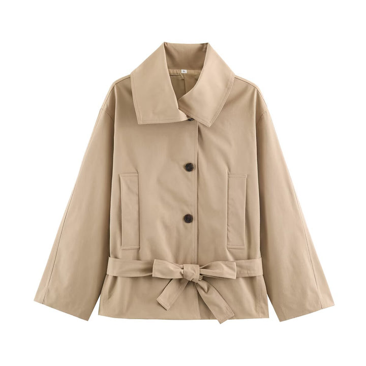 Damen Kurze taillierte Trenchjacke mit Bindegürtel und weitem Reverskragen Drune