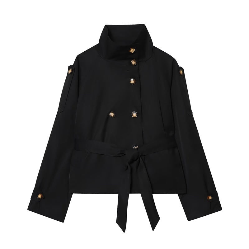 Damen Kurzjacke im Marineinspirierten Doppelreiher mit Stehkragen, Zierknöpfen und Bindegürtel Drune