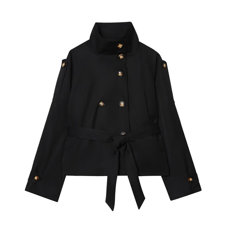 Damen Kurzjacke im Marineinspirierten Doppelreiher mit Stehkragen, Zierknöpfen und Bindegürtel Drune