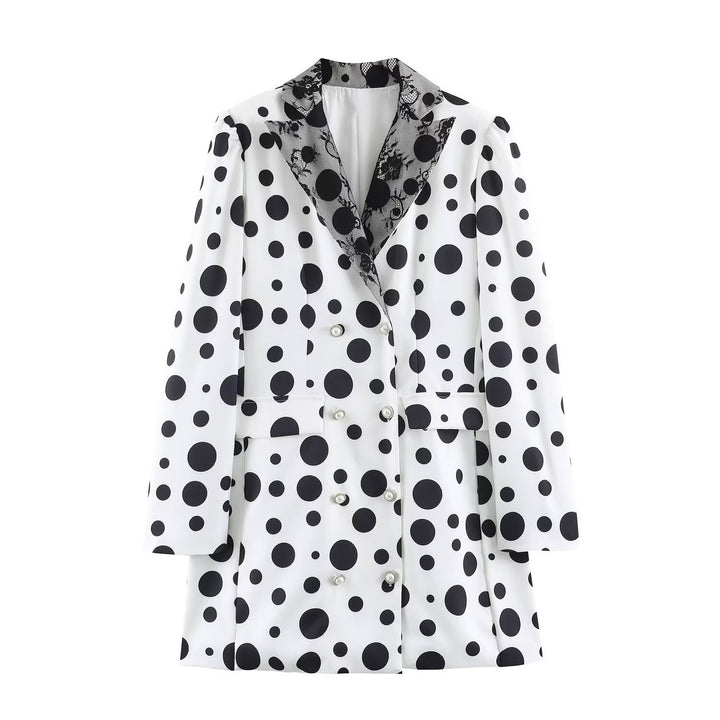 Damen Doppelreihiger Blazer im Polka‑Dot‑Design mit Spitzenbesetztem Revers Drune