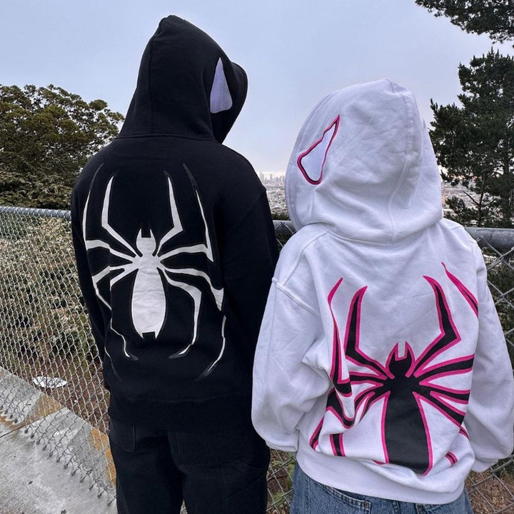Unisex nan Kapuzenpullover mit kontrastiertem Spinnenmotiv Rückendruck und Ohrenkapuze Drune