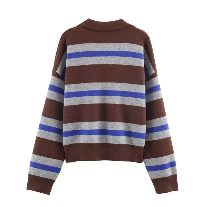 Damen nan oversized Rugby-Pullover mit Polokragen, V-Ausschnitt und breiten Streifen Drune