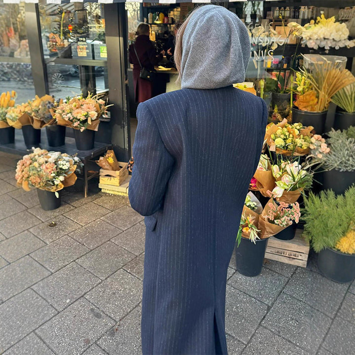 Damen Lang geschnittener Doppelreihiger Nadelstreifen-Mantel mit Reverskragen Drune