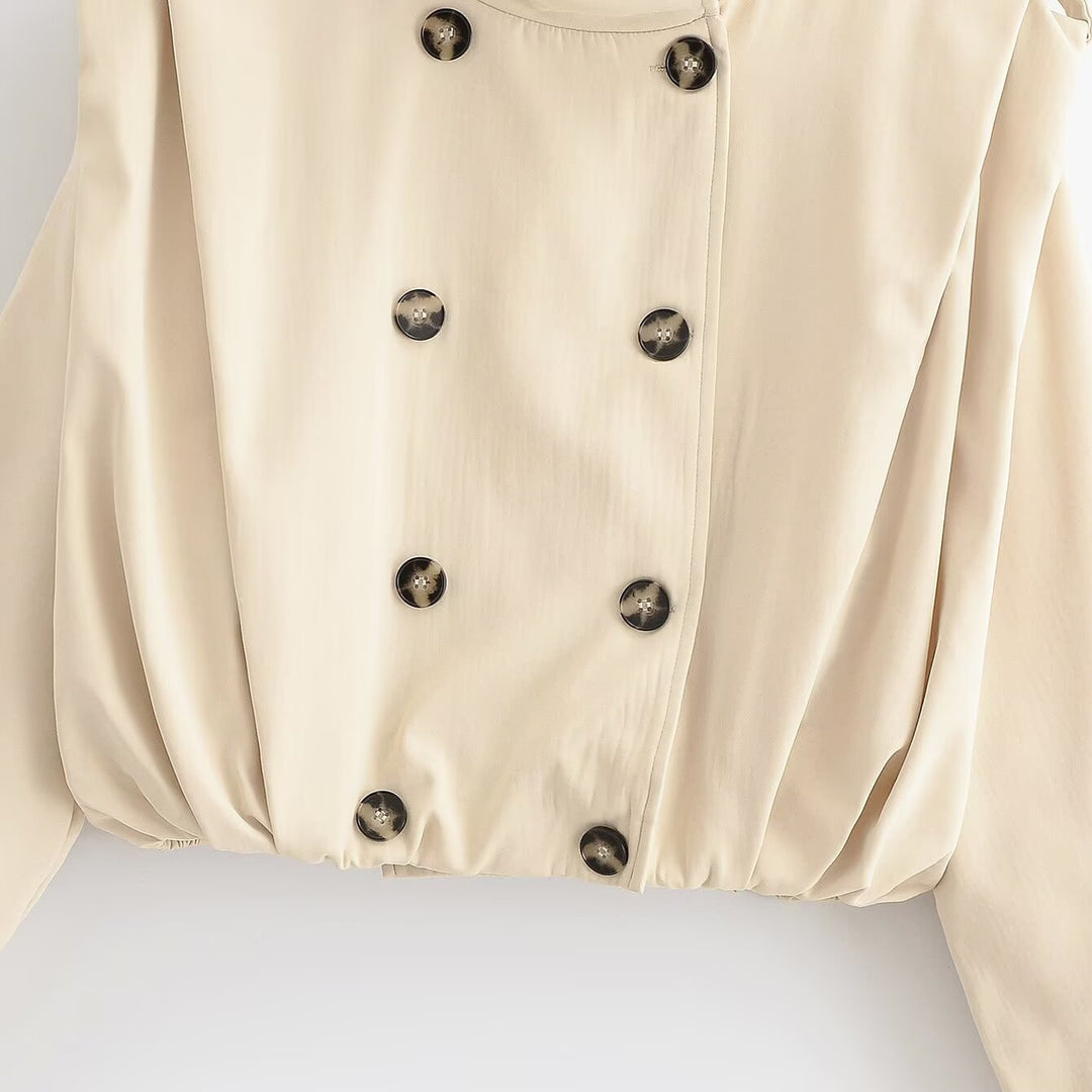 Damen Cropped Doppelreihige Trenchjacke mit Stehkragen, Schulterriegeln und elastischem Saum Drune