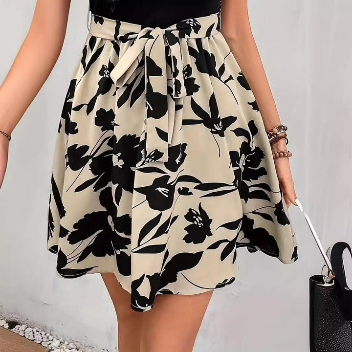 Damen A-Linien Rock mit floralem Design und dekorativem Bindegürtel Drune