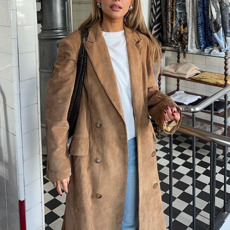Damen Eleganter Langmantel mit doppelter Knopfleiste und praktischen Taschen Drune