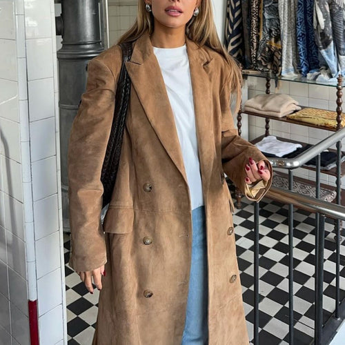 Damen Eleganter Langmantel mit doppelter Knopfleiste und praktischen Taschen Drune