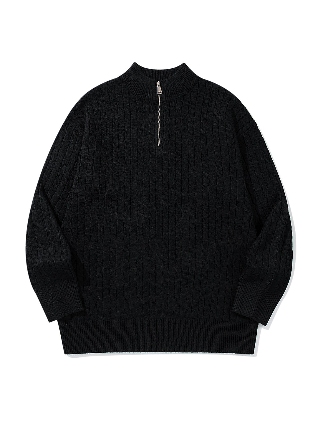 Unisex Zopfmuster-Halbzip-Strickpullover mit hohem Rippkragen und längerem Saum Drune