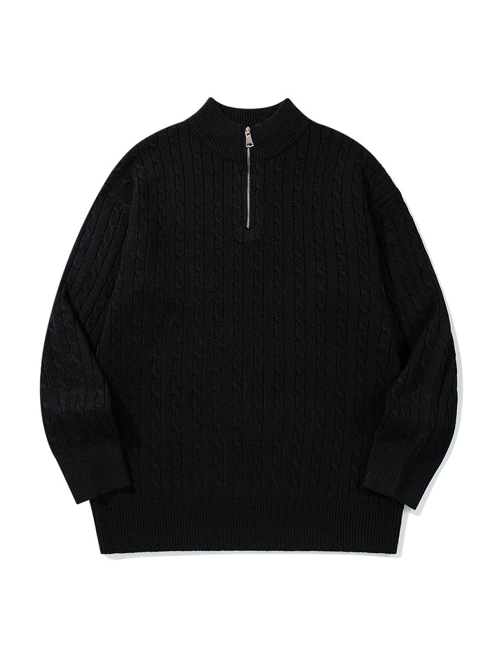 Unisex Zopfmuster-Halbzip-Strickpullover mit hohem Rippkragen und längerem Saum Drune