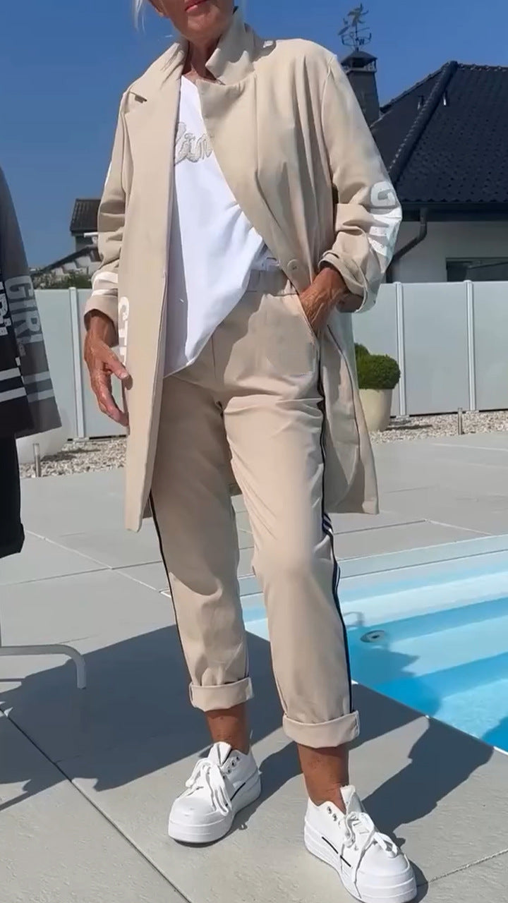 Damen lässiger Trenchcoat mit modischen Streifen und stylischem Schriftzug Drune
