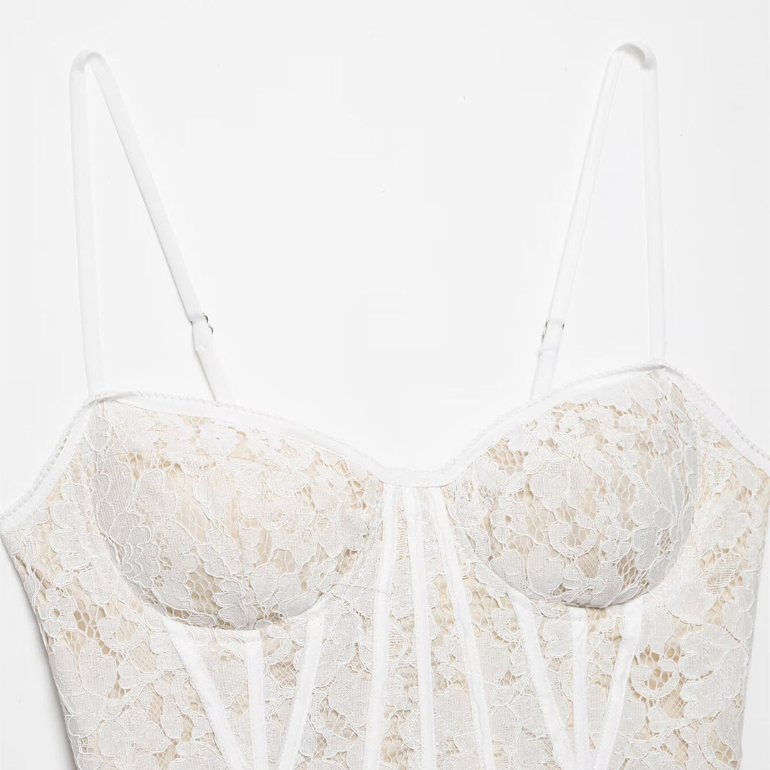 Damen Spitze Corsage Top mit verstellbaren Trägern und Schnürung Drune