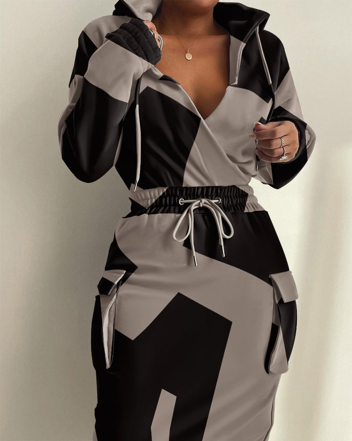 Damen Kapuzen Sweatkleid mit V-Ausschnitt, Kordelzug-Taille und Cargo-Taschen Drune