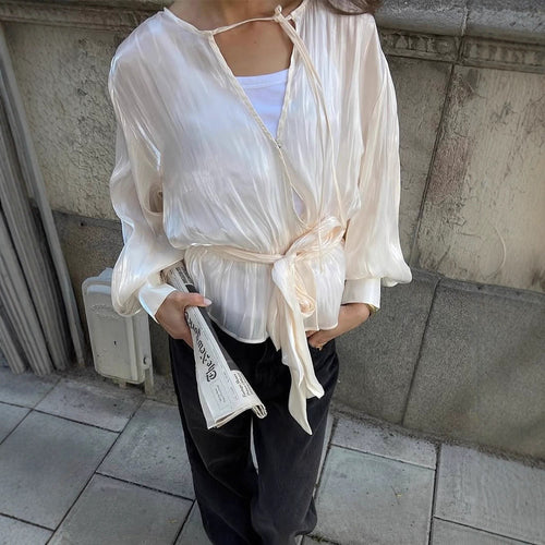 Damen Elegante Wickelbluse mit Bindegürtel und voluminösen Ballonärmeln Drune