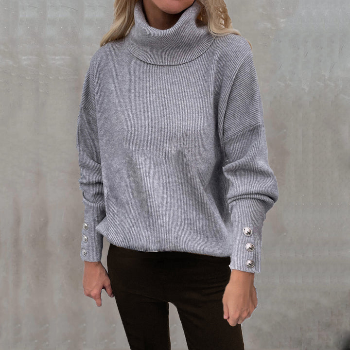 Damen Grobstrickpullover mit Rollkragen und Knopfdetail Drune