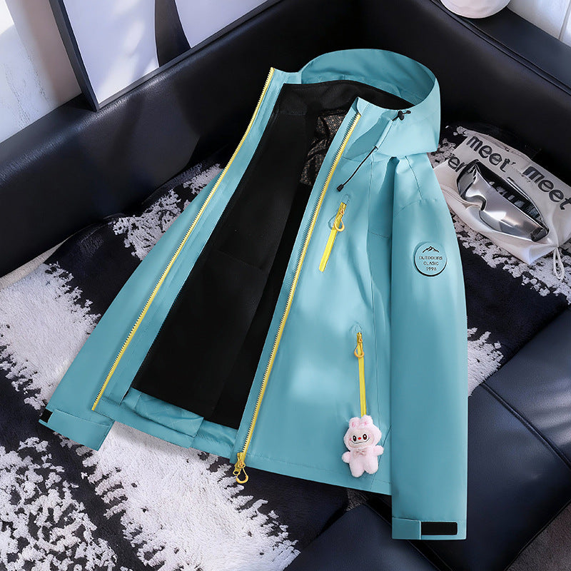 Damen Leichte wasserdichte Kapuzenjacke mit Teddy‑Charm und verdeckten Reißverschlusstaschen Drune