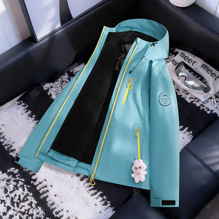 Damen Leichte wasserdichte Kapuzenjacke mit Teddy‑Charm und verdeckten Reißverschlusstaschen Drune