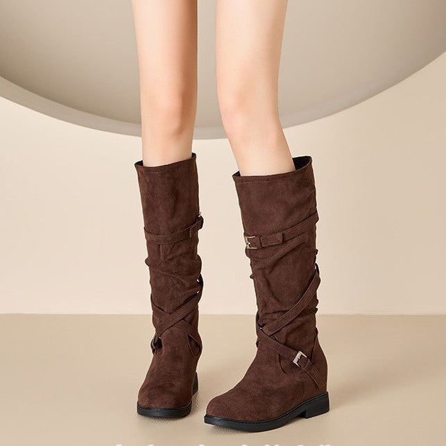 Damen Modische Overknee-Stiefel mit Schnallen-Detail Drune