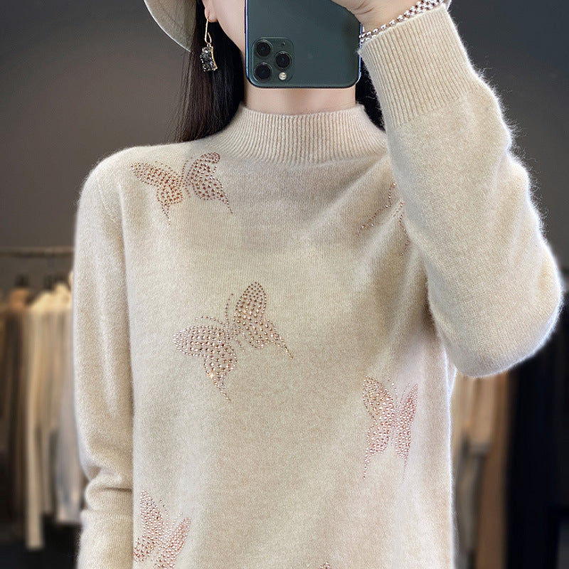 Damen Stehkragen-Feinstrickpullover mit Strass-Schmetterlingsapplikation Drune