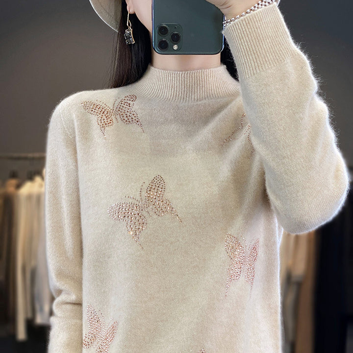 Damen Stehkragen-Feinstrickpullover mit Strass-Schmetterlingsapplikation Drune