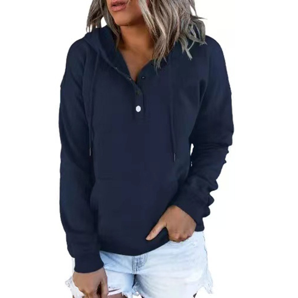 Damen Kapuzenpullover mit Henley-Knopfleiste, Kängurutasche und lockerer Passform Drune