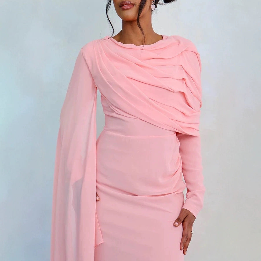 Damen Elegantes Maxi-Kleid mit drapierter Schultergestaltung und langem Arm Drune