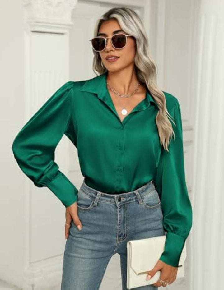 Damen Seidenoptik-Bluse mit Hemdkragen, verdeckter Knopfleiste und langen Manschetten Drune