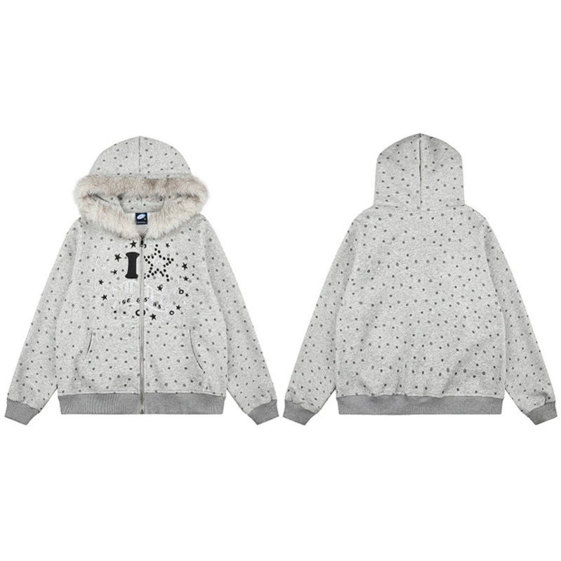Damen Gepunktete Kapuzen-Sweatjacke mit Kunstfellbesatz, durchgehendem Reißverschluss und Kängurutaschen Drune