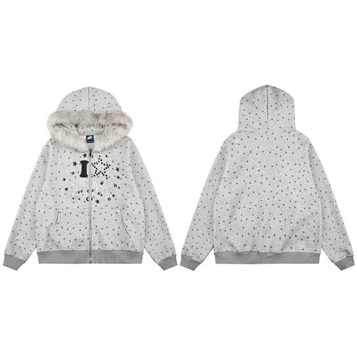 Damen Gepunktete Kapuzen-Sweatjacke mit Kunstfellbesatz, durchgehendem Reißverschluss und Kängurutaschen Drune