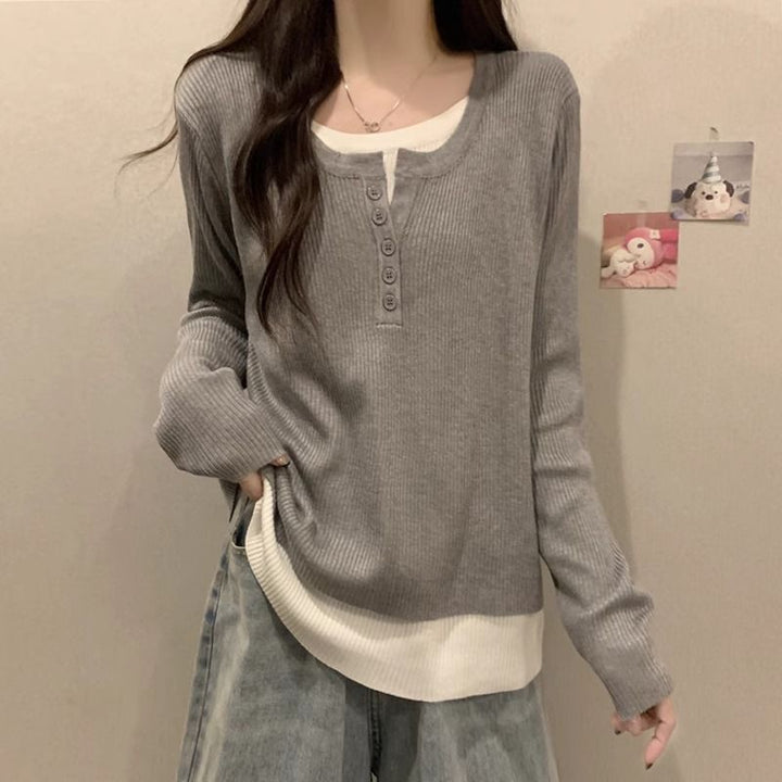 Damen modischer Langarm-Pullover mit Knopfleiste Drune