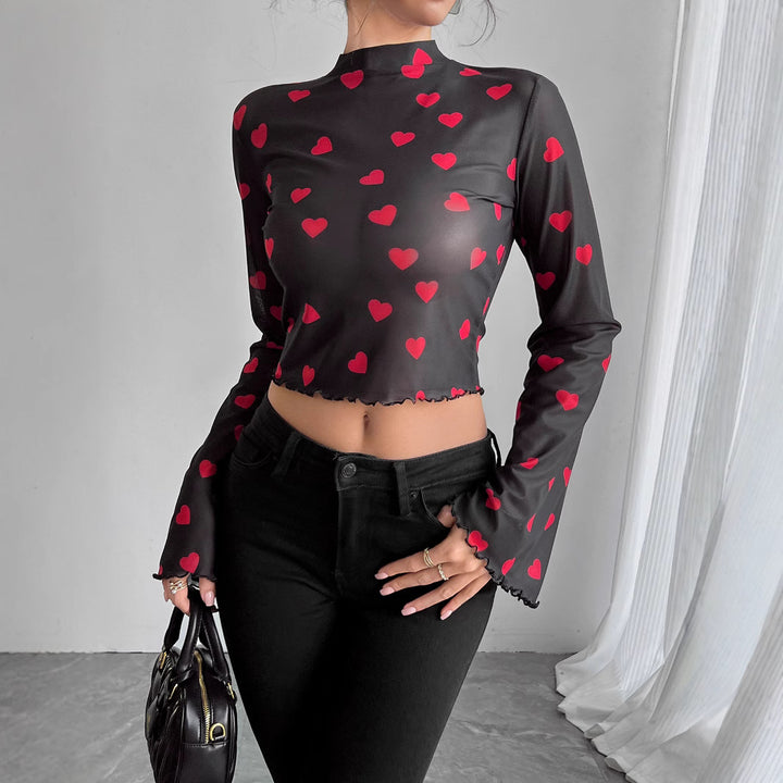 Damen nan transparentes Paisley-Netz-Kurzoberteil mit Stehkragen, Trompetenärmeln und gewelltem Saum Drune