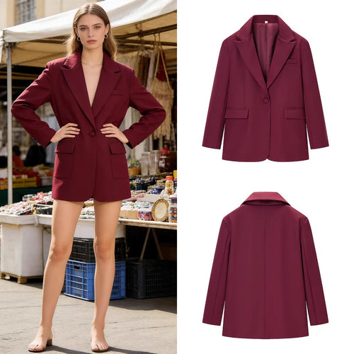 Damen Legerer Ein-Knopf-Blazer mit Reverskragen, Pattentaschen und Satinfutter Drune