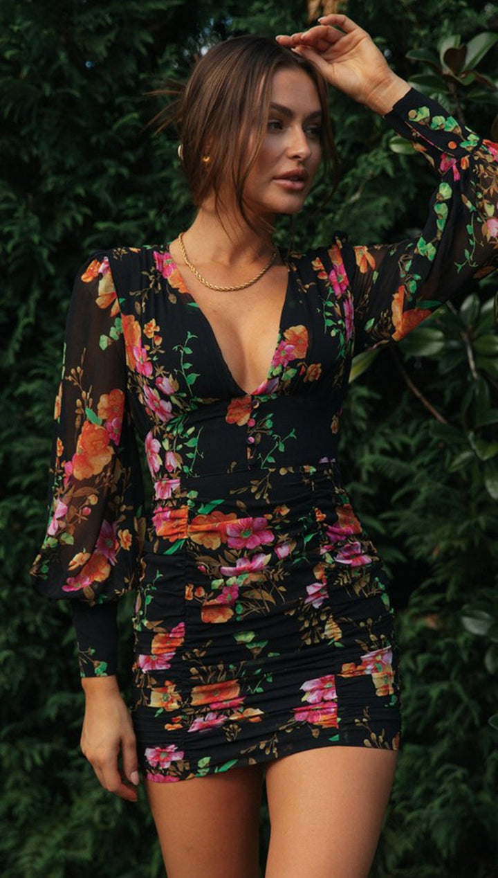 Damen figurbetontes Minikleid mit floralem Design und Rüschendetails Drune