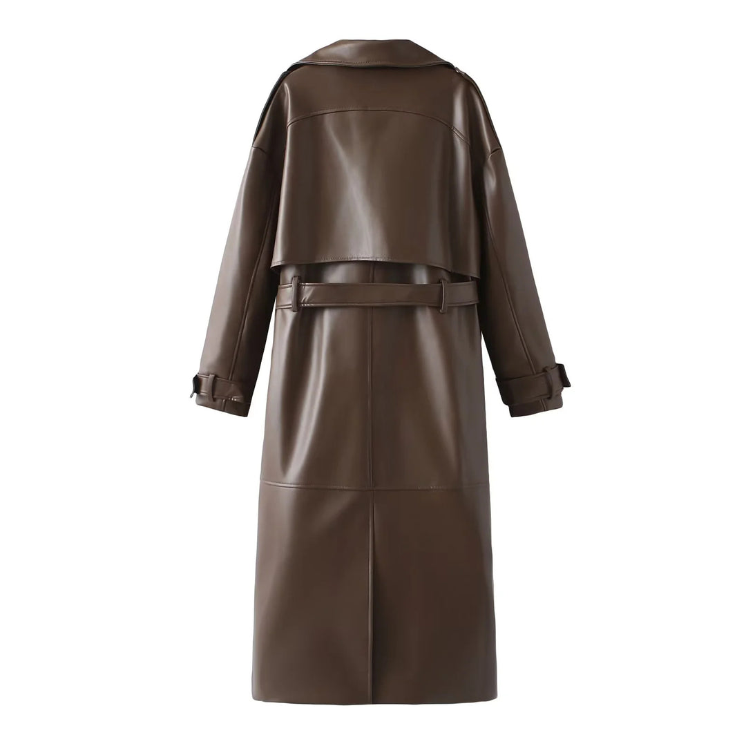 Damen nan taillierter veganer Trenchcoat aus Lederimitat mit Schalkragen und Bindegürtel Drune