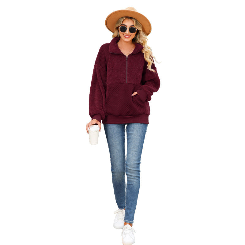 Damen Kuscheliger Zip-Pullover mit strukturiertem Fleece und bequemen Taschen Drune