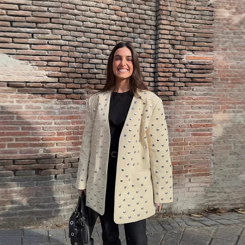 Damen Elegante Blazerjacke mit glamourösen Steinapplikationen Drune