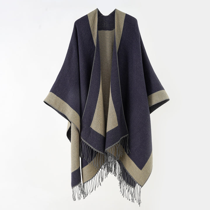 Damen Ruana‑Poncho mit Fransensaum und Fischgrät‑Webstruktur Drune