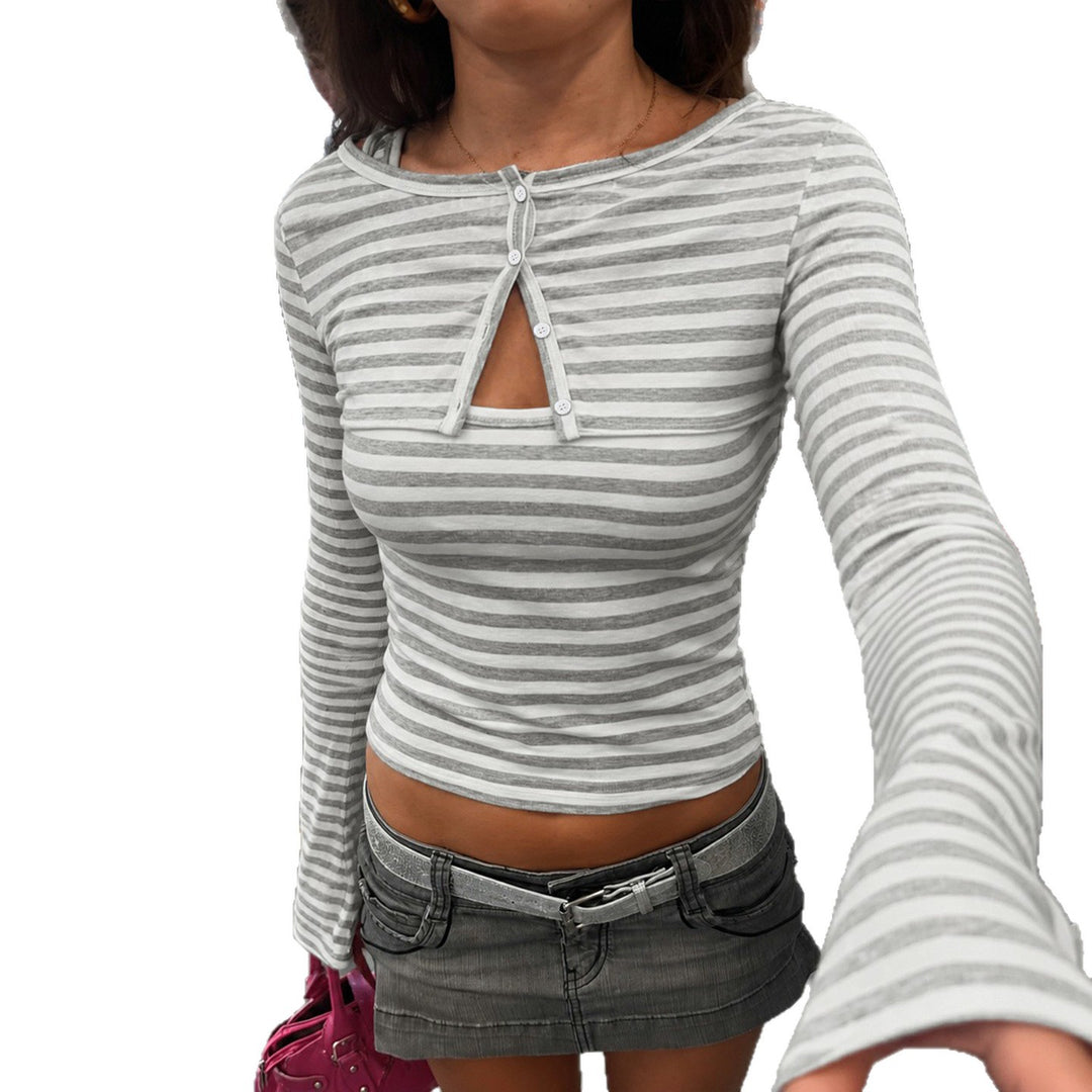 Damen Gestreiftes Cropped-Langarmshirt mit Boot-Ausschnitt und Zierschleife Drune