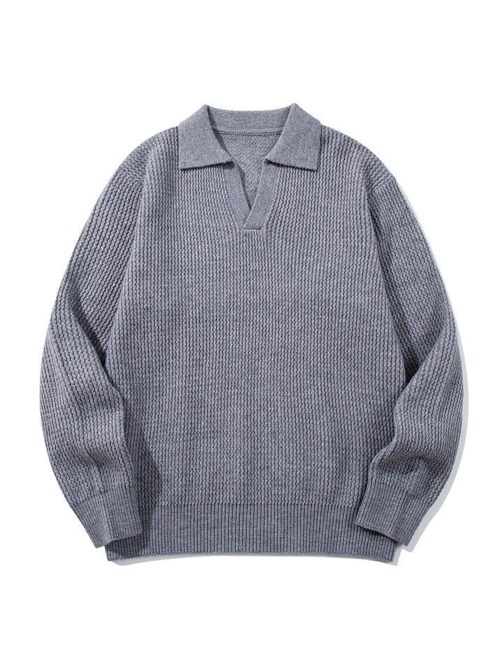 Herren Grobgestrickter Polokragen-Pullover mit V‑Ausschnitt und Rippenbündchen Drune