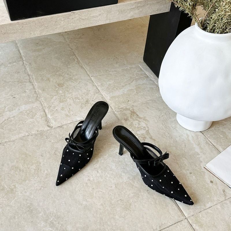 Damen Elegante spitz zulaufende Mesh-Mules mit niedrigem Kitten-Absatz und Schleifenriemen Drune