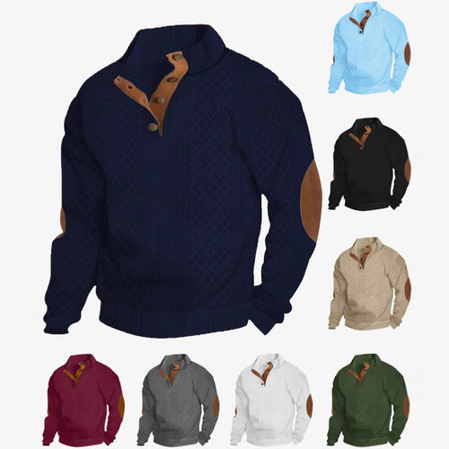 Herren nan Grobgestrickter Pullover mit Ellbogenpatches, Stehkragen und Knopfleiste Drune