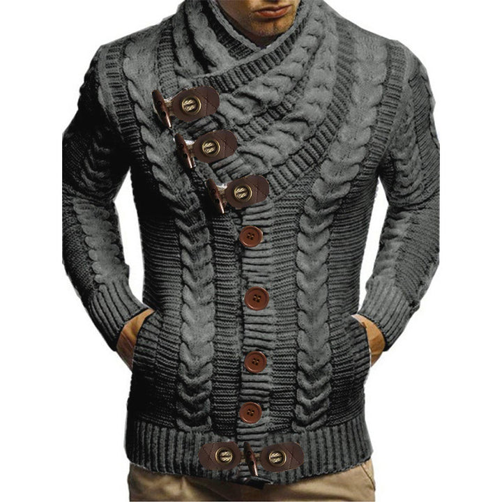 Herren Grobstrickjacke mit kreativem Schalkragen und Knopfdetails Drune