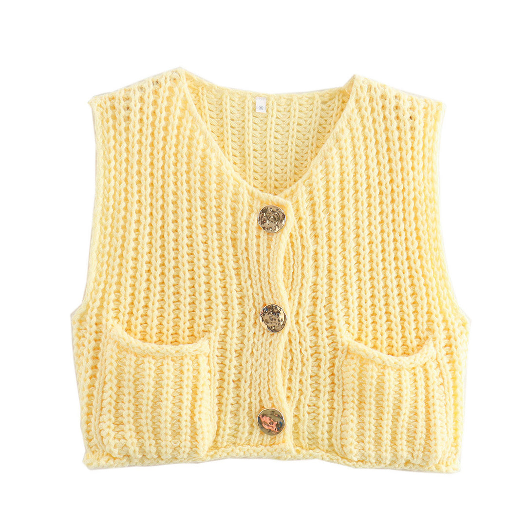 Damen Grobgestrickte Cropped Weste mit V-Ausschnitt und goldenen Zierknöpfen Drune