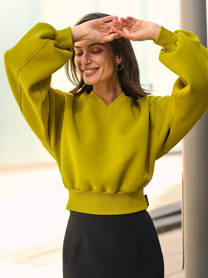 Damen Cropped V-Ausschnitt Pullover mit Ballonärmeln und Rippbund Drune