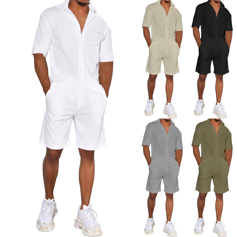 Herren nan legeres Resort-Zweiteiler mit offenem Kurzarm-Hemd, Brusttasche und elastischer Bermuda Drune