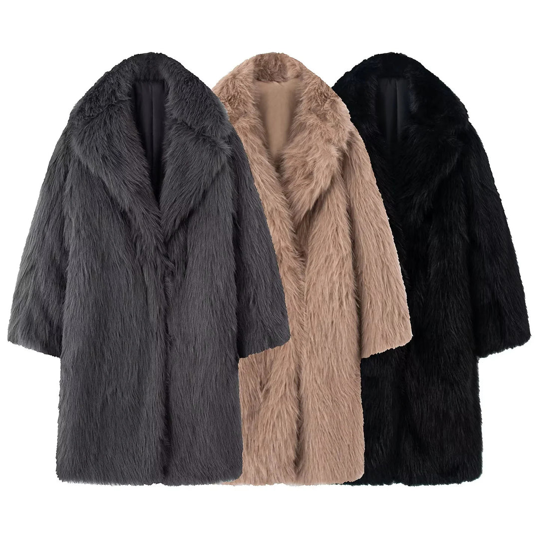 Damen nan langer kuscheliger Kunstfellmantel mit voluminösem Schalkragen und Oversize‑Silhouette Drune