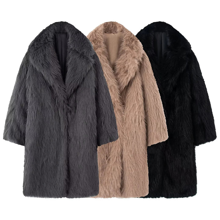 Damen nan langer kuscheliger Kunstfellmantel mit voluminösem Schalkragen und Oversize‑Silhouette Drune