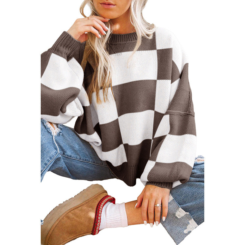 Damen Oversized Pullover mit Karomuster und voluminösen Ärmeln Drune