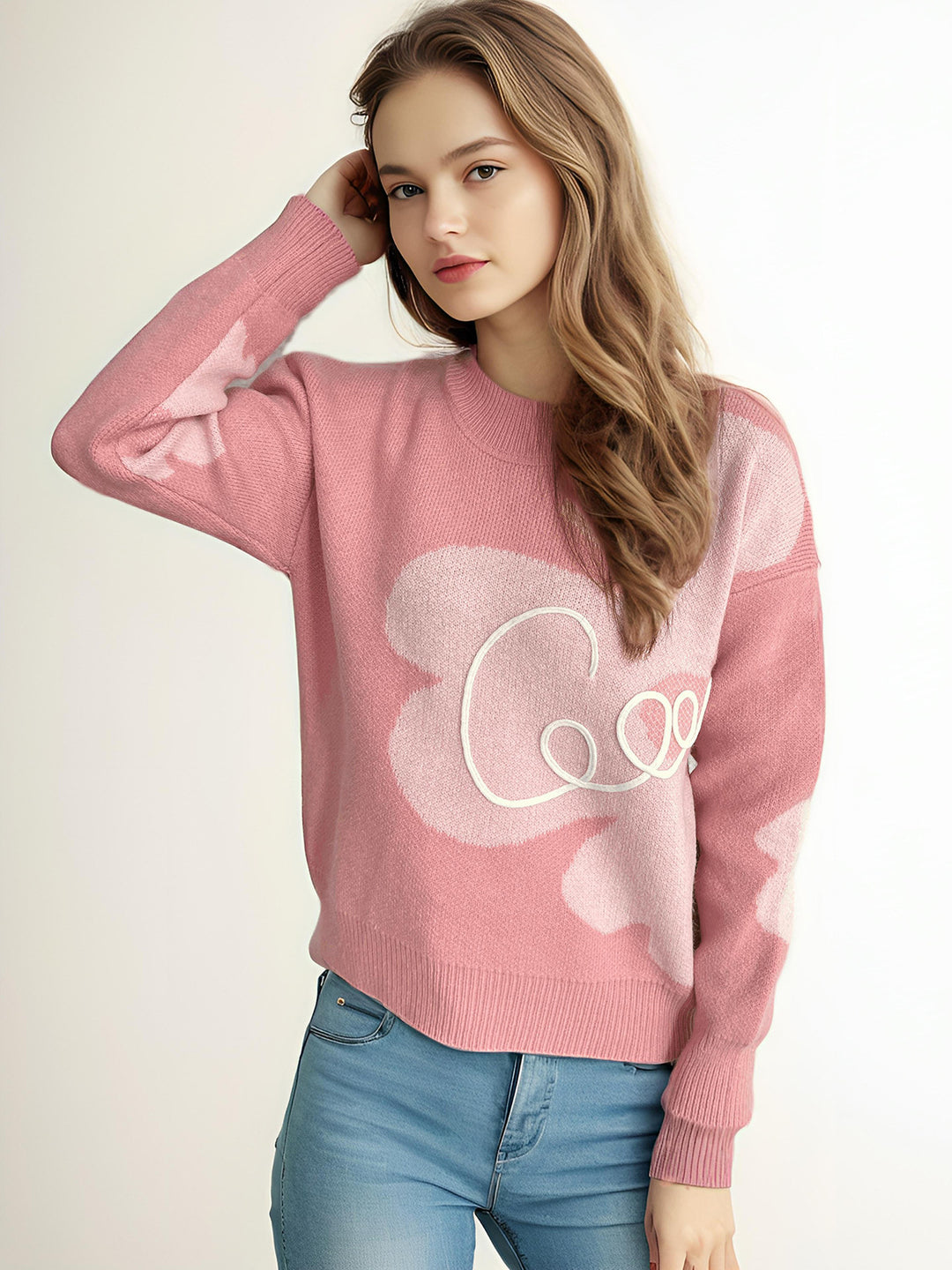 Damen modischer Strickpullover mit dezentem floralem Design und weichem Stoff Drune