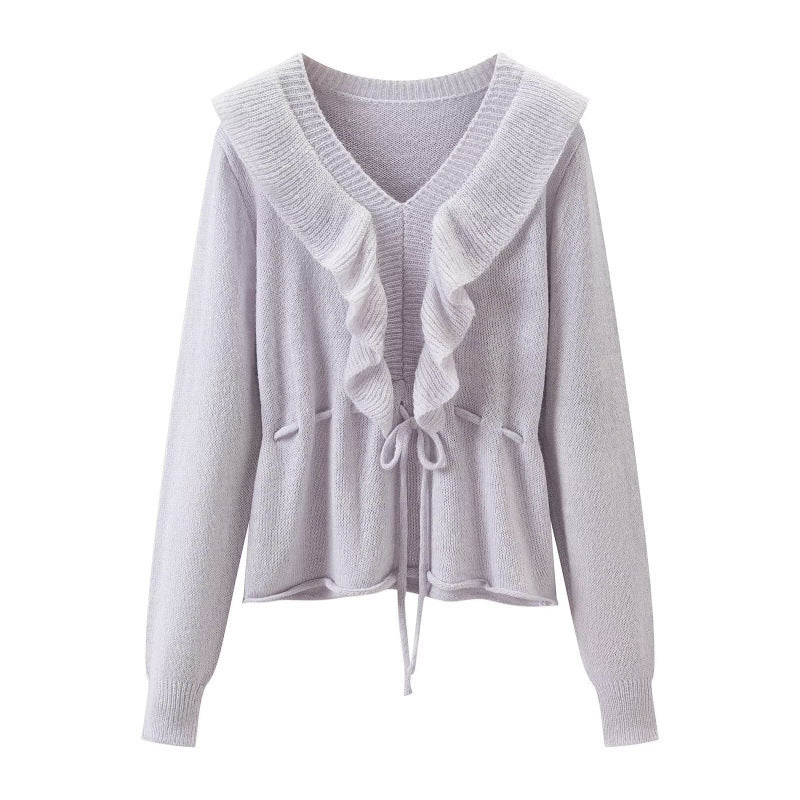 Damen Rüschen-Strickcardigan mit V‑Ausschnitt und Tunnelzugtaillierung Drune